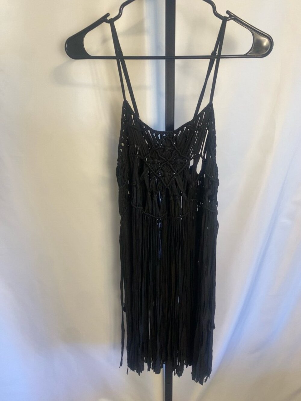 Blue B Collection Black Fringe Crochet Cover Up Tank Top Women's M/L Boho - Picture 3 of 5